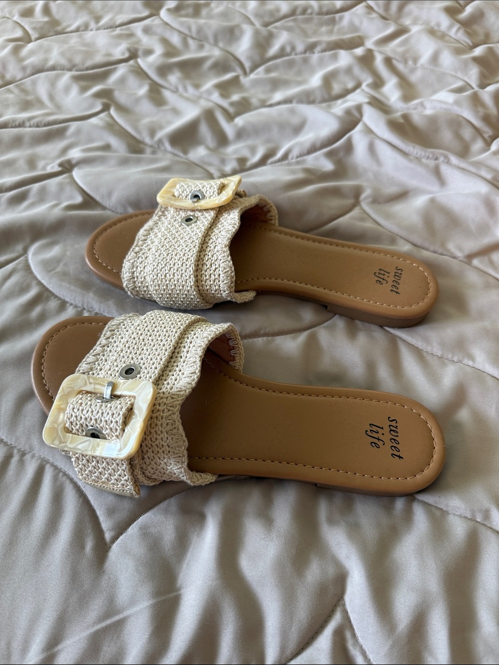 Cream Woven Buckle Slide Sandals